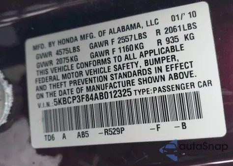 2010 Honda Accord 3.5 Ex-L z USA, uszkodzony, nr VIN 5KBCP3F84AB012325